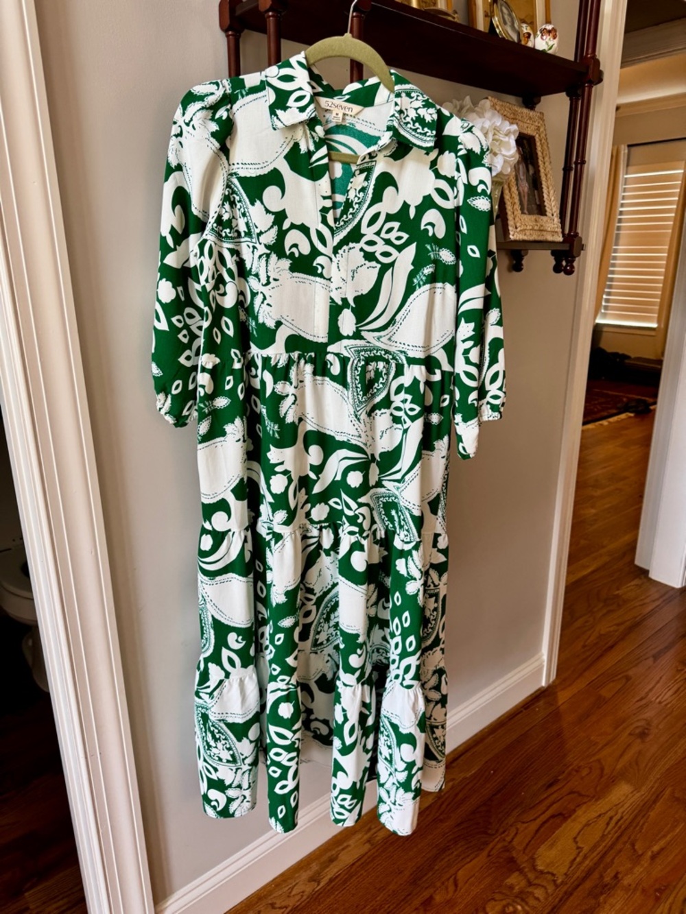 Green and White Printed Midi Shirt Dress - Picture 1 of 3